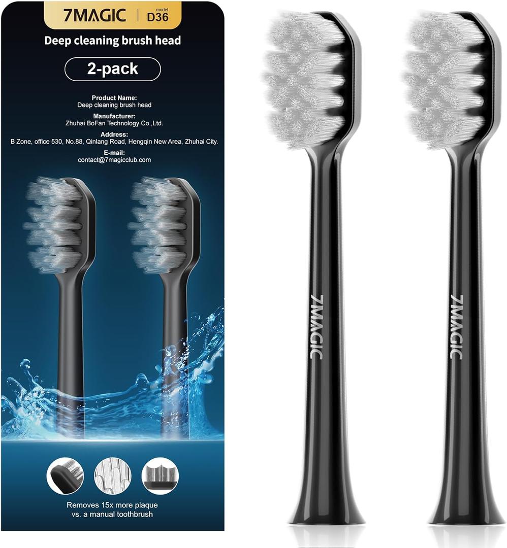 7MAGIC Model D36 Electric Toothbrush Replacement Brush Heads for Deep Cleaning, Durable and Effective, 2-Pack (Black)