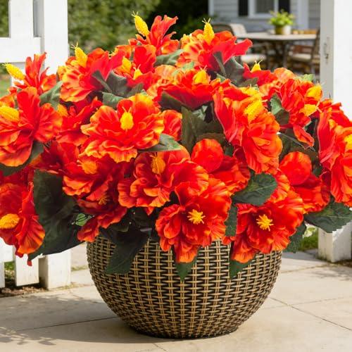Grunyia Artificial Hibiscus Flowers 5 Bundles, UV Resistant Fake Tropical Flowers Realistic Silk Blooms for Outdoor Planter Garden Patio Porch Window Box Home Decor (Orange)