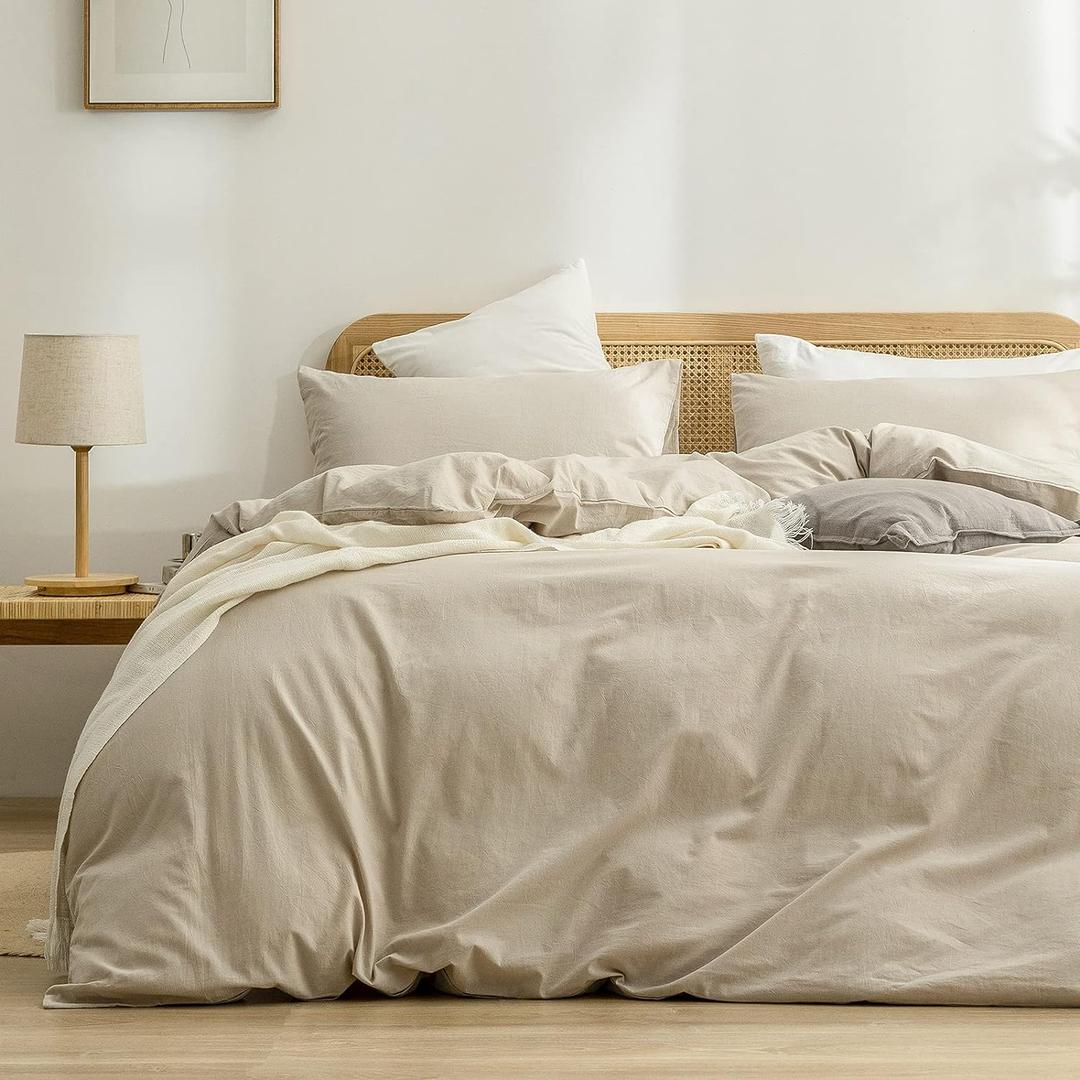 BESTOUCH Duvet Cover Set 100% Washed Cotton Linen Feel Super Soft Comfortable Chic Lightweight 3 PCs Home Bedding Set Solid Almond Milk Grey King (King (104" x 90"))