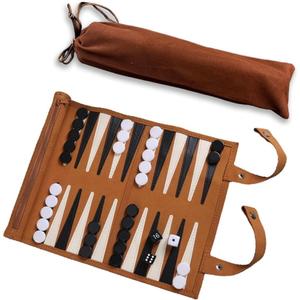 Leather Travel Backgammon Chess Set, Roll Up Folding Classic Board Game Travel Backgammon Set with Drawstring Bag, Portable and Lightweight