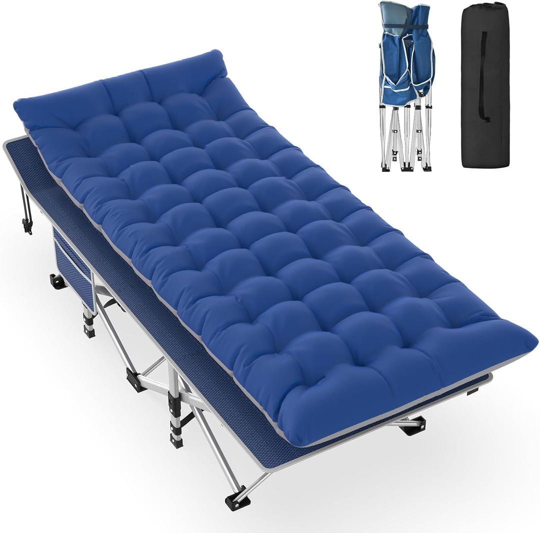 Slendor Folding Camping Cot, Sleeping Cot for Adults with Carry Bag, Mattress, 1200D Layer Oxford Portable Camp Cot Bed for Guest Travel Office Beach (Blue)