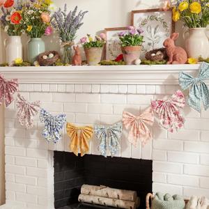 SmoothNovelty 8.2ft Spring Floral Bow Garland Banner Boho Flower Bow Garland Spring Party Decoration Summer Rustic Farmhouse Velvet Hanging Banner for Mantel Window Birthday Wedding Decor
