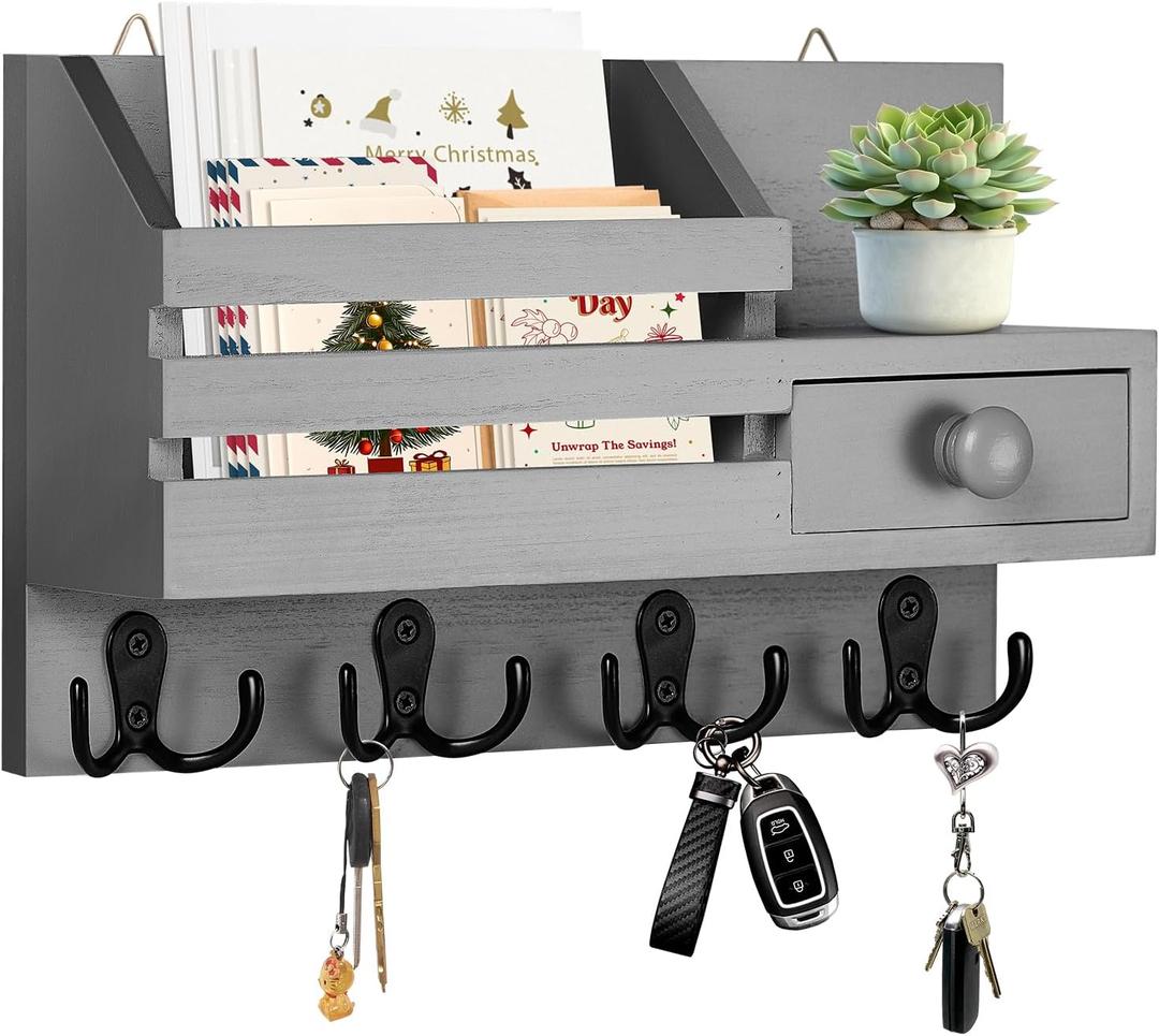 Key Holder Wall Mount, Wooden Adhesive Mail and Key Organizer with Drawer, Small Shelf, 8 Hooks, 2 Installation Methods, Gray