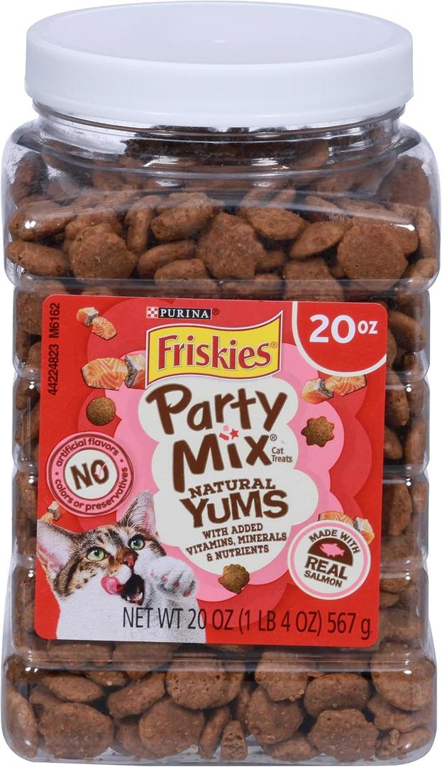 Purina Friskies Natural Cat Treats Party Mix Natural Yums With Real Salmon and Added Vitamins, Minerals and Nutrients - 20 Oz. Canister (EXP 12/01/26)