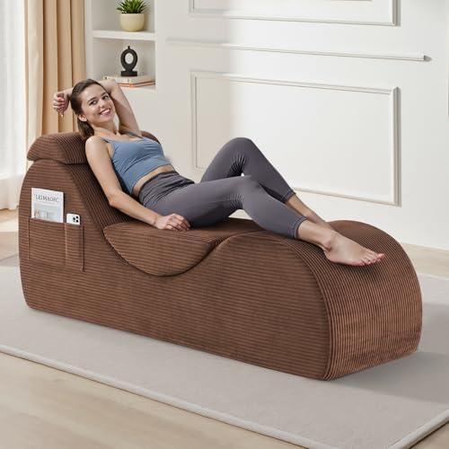 Yoga Chair Lounge for Adult, Ergonomic Chaise Lounge Chair with Side Pocket, Headrest, Waist Pad, Perfect for Stretching, Massage, and Relaxation, Used in Living Room, Bedroom（Brown）