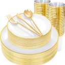 EI 180pcs White and Gold Plastic Plates,Gold Plastic Plates for Party,Fancy Plate Disposable Dinnerware Sets,Gold Disposable Silverware and Cups for Wedding,Baby Shower