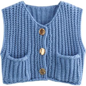 Chevara Womens Chunky Cropped Sweater Vest Cute Sleeveless Crewneck Button Down Crop Knit Cardigan with Pocket (Large, Blue)