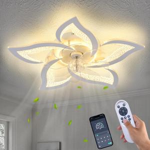 27" White Geometric Ceiling Fan with Light Remote Control, 3 Light Color 6 Speeds Flush Mount Low Profile Ceiling Fan with Light for Bedroom Kitchen
