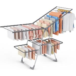 Sakugi Clothes Drying Rack, Foldable 2-Level Laundry Drying Rack with Height-Adjustable Wings, for Clothing & Bedding, Free-Standing Space-Saving Rack, Indoor & Outdoor, 70" L × 22.8" W, Gray