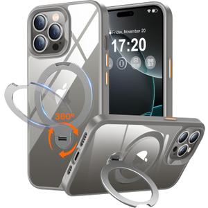 360 Rotatable Magnetic Stand for iPhone 16 pro Case Compatible with Magnetic 16FT Military Drop Protection, Anti-Scratch/Fingerprint Shockproof iPhone 16 pro Phone Case(Clear-Grey)