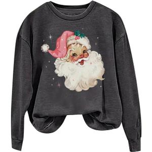 MYCHTE Retro Pink Santa Christmas Sweatshirt Women Vintage Santa Claus Graphic Tee Casual Long Sleeve Xmas Pullover Top (Medium, Gray)