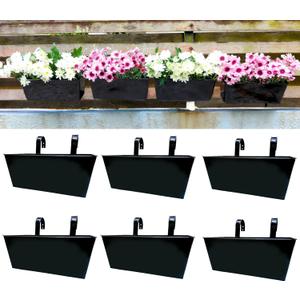 LaLaGreen Railing Planter Box (6 Pack, 12 Inch) Outdoor Black Metal Rectangle Strawberry Hanging Bucket Balcony Garden Fence Deck Flower Pots Boho Countryside Style Patio Living Wall Window Sill Decor
