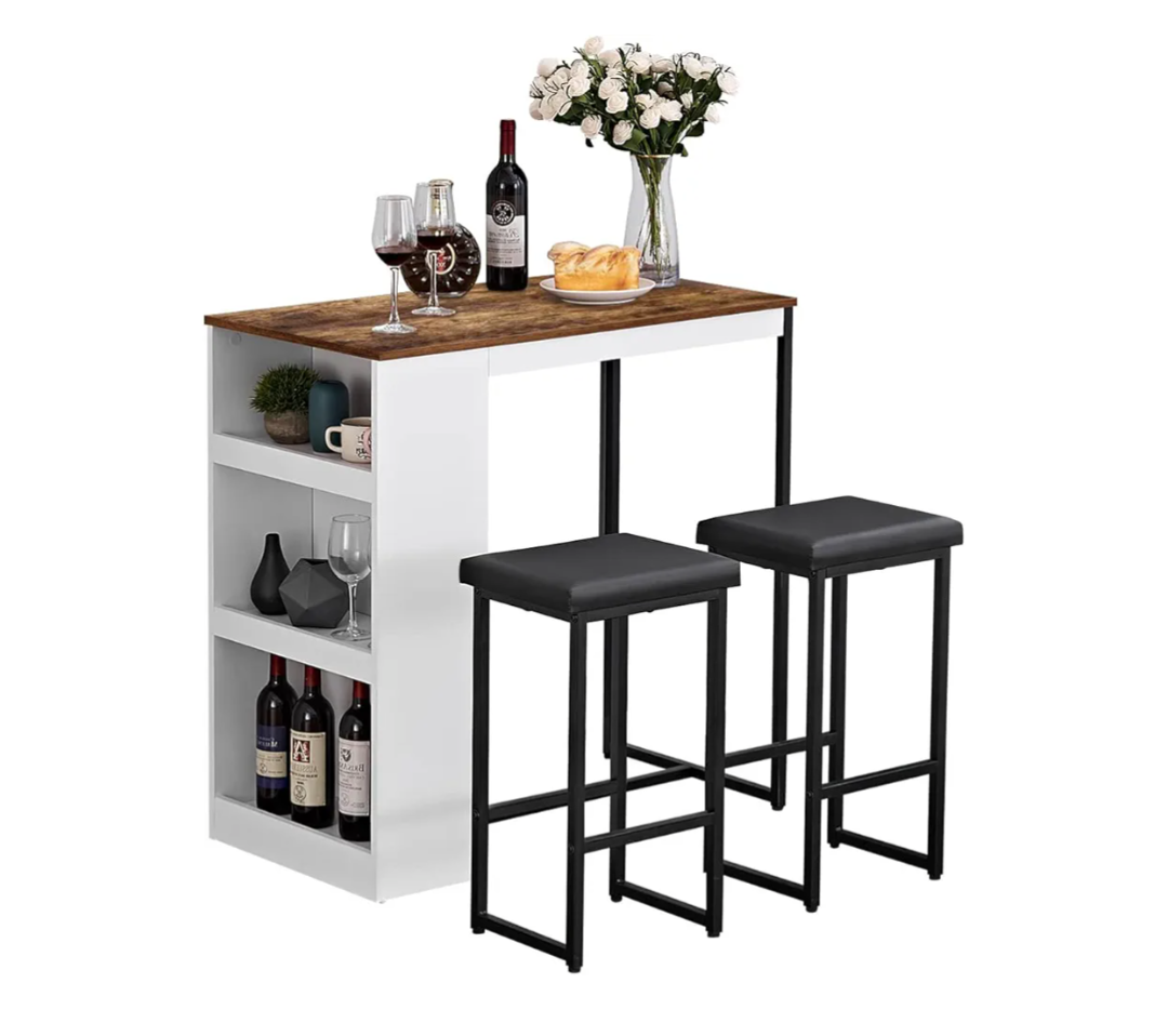 Panana 3 Piece Dining Table Set Kitchen Bar Table with Two Stool Storage Shelves Wood Counter Height Table Top with Sew Kerf Finish Dining Room Home