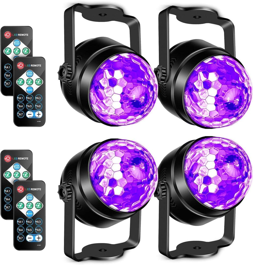 Litake UV Black Light for Glow Party, Sound Activated Party Light with Remote, LED Disco Ball Strobe Light in Dark Party Supplies, Dj Lighting for Halloween Birthday Home Dance Party Decoration 4 Pack