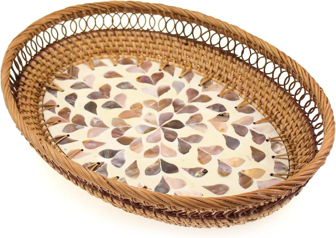 Oval Rattan Tray with Mother of Pearl Inlay, Handmade Fruit/Coffee/Bread Serving Basket with Wicker Border, Boho Home Decor Woven Bowl for Table Party Picnic Office Gift (Leaf Apricot)