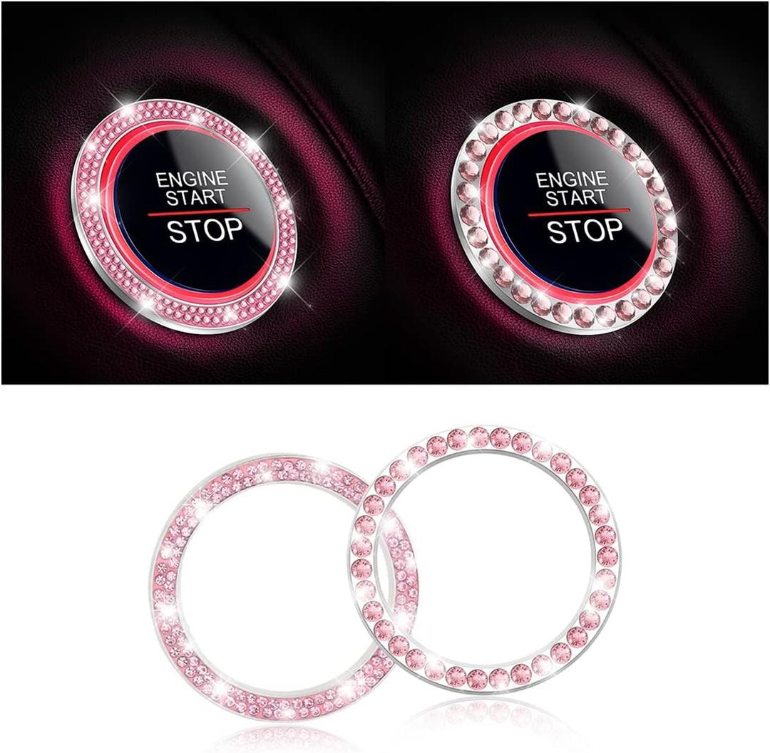 Car Bling Crystal Rhinestone Engine Start Ring Stickers, 1 Single Drainage Drill and 1 Double Drainage Drill Car Start Button Cover, Key Ignition Knob Bling Ring Decals, Bling Car Accessories(Pink)