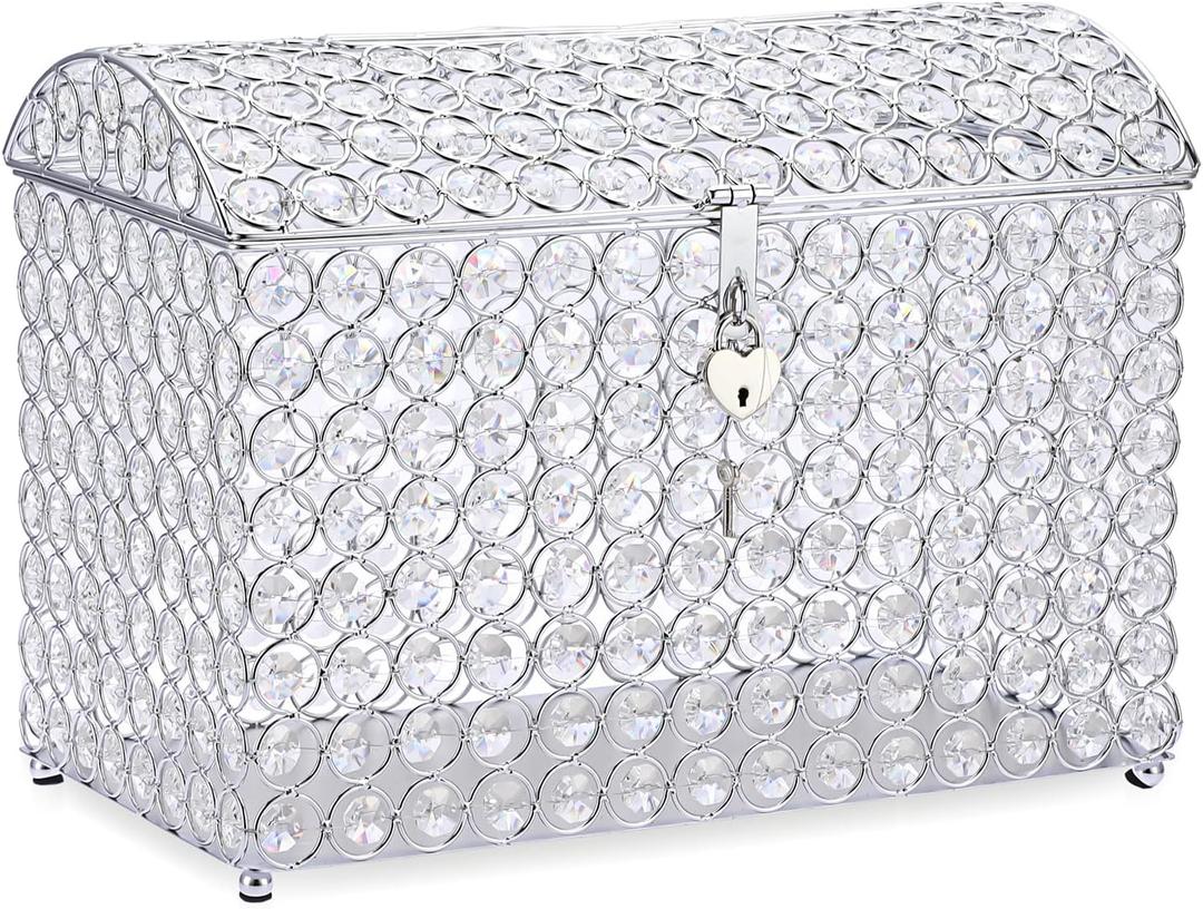 ELLDOO Crystal Wedding Card Box with Heart Lock, Money Card Box Treasure Chest Style Silver Gift for Wedding Receptions, Centerpiece Decor, Anniversary, Keepsake, Gift Display Box