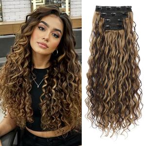 REECHO Curly Clip in Hair Extensions, 4PCS 24 inch Long Hair Extensions Clip ins Lace Weft Natural Hairpieces for Women Daily, Dark Brown with Highlights