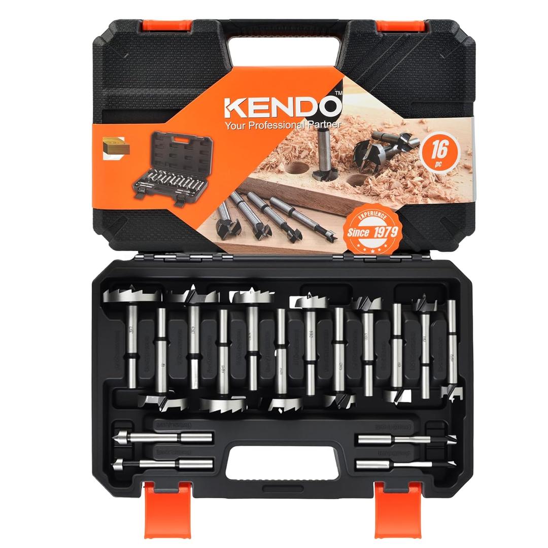 KENDO 16 Piece Forstner Bit Set, Made of Alloy Steel, Forstner Bits for Woodworking, Auger Opener Round Shank Drilling Cutting Tool for Hardwood, Softwood, Plastic, Plywood with Storage Case