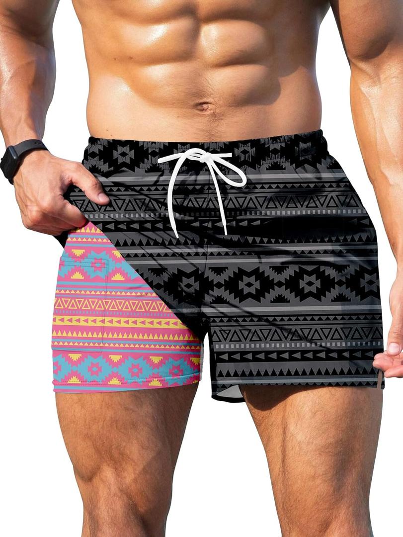 Keevoom Mens Swim Trunks Compression Liner Swim Shorts Quick Dry Swimwear Swimsuit Bathing Suits Board Shorts with Pockets (Medium, Black Stripe)