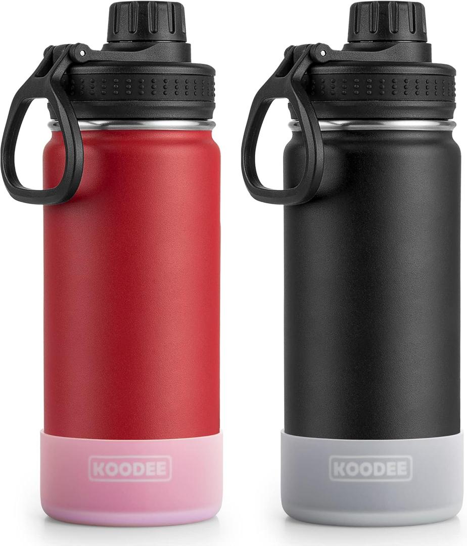 koodee 2 Pack Water Bottle 18 oz Stainless Steel Double Wall Vacuum Insulated Sports Water Bottle for Girls and Boys, Reusable Metal Water Flask with 2 Lids-BPA Free and Leakproof (Canyon Red-Black)