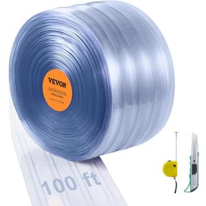 VEVOR Strip Curtain, 100' Length x 12" Width x 0.12" Thickness, Clear Ribbed PVC Curtain Strip Door Bulk Roll, Plastic Door Strips for Doorway of Supermarket, Garage, Warehouse, Barn, Pet Animal House