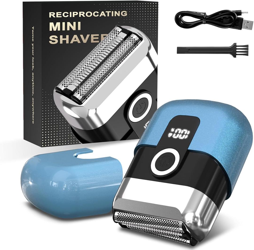 Electric Foil Shaver for Men: Mini Electric Razor for Face/Beard - 3 Floating Blades Cordless Razor with LED Display - IPX7 Waterproof Wet Dry Shaving for Travel & Home, USB Type C (Blue)