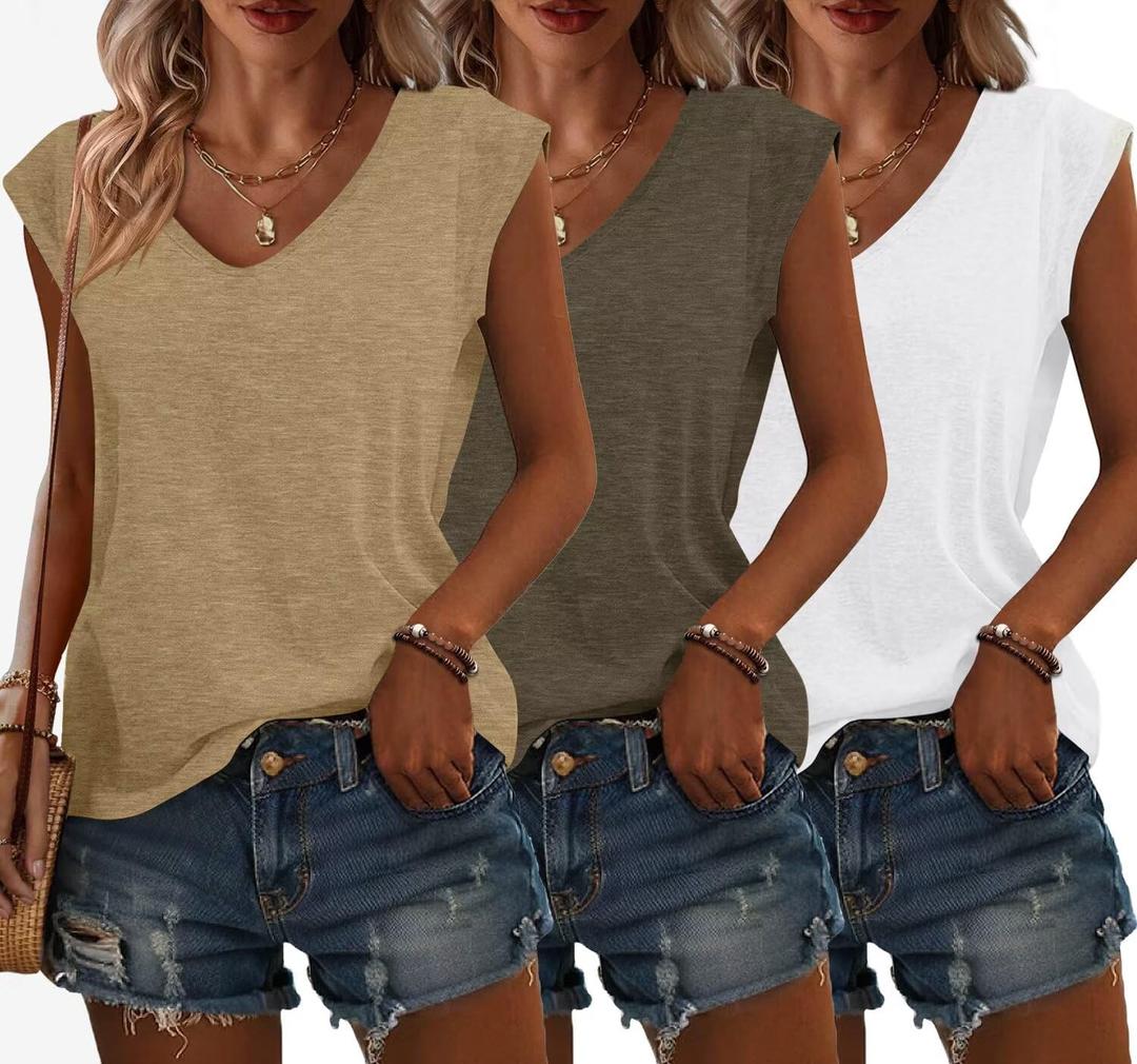 Bliwov 3 Pack Womens Cap Sleeve Tops V Neck T Shirts Summer Spring Outfits Beach Vacation Fashion Tee Blouse Workout Clothes (Medium, Khaki+grey Brown+white)