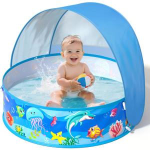 Baby Beach Tent, Pop-Up Above Ground Pool, Foldable Kiddie Pool with Sun Shelter Canopy for Ages 9-48 Months, Toddler Wading Pool, Portable Water Play Sum Toys for Outdoor Activity