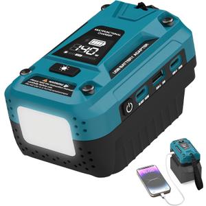 140W Battery USB Charger Compatible with Makita 18V Battery | Fast Phone Charger Adapter, 2 PD3.1 USB-C & 1 QC18W USB-A Port, 700LM LED for Outdoor Jobsite Camping (Adapter Only)