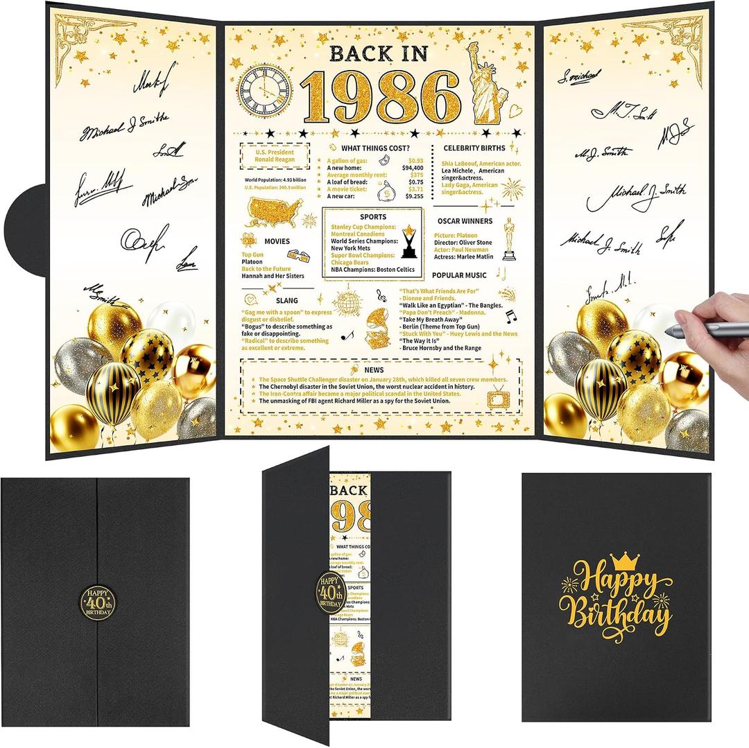 10 x Black Gold 40th Birthday Decorations, Back in 1986 Happy 40th Birthday Guest Book for Men Women, Jumbo Signature Card for 40 Year Old Gifts, Cheers to 40 Years Party Favors