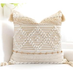 Cream White Boho Throw Pillow Cover 20X20, Boho Woven Textured Pillow Cover, Neutral Pillow Cover, Sofa Couch Bed Farmhouse Lumbar Pillow (Cover ONLY)