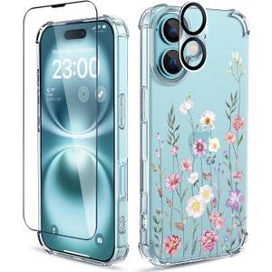 for iPhone 16 Case,[3 in 1] with Screen Protector & Camera Lens Protector, Flower Pattern Design,Clear Soft Shockproof Slim Floral Phone Cover for Women Girls 2024 6.1"(Blooming Flowerets)