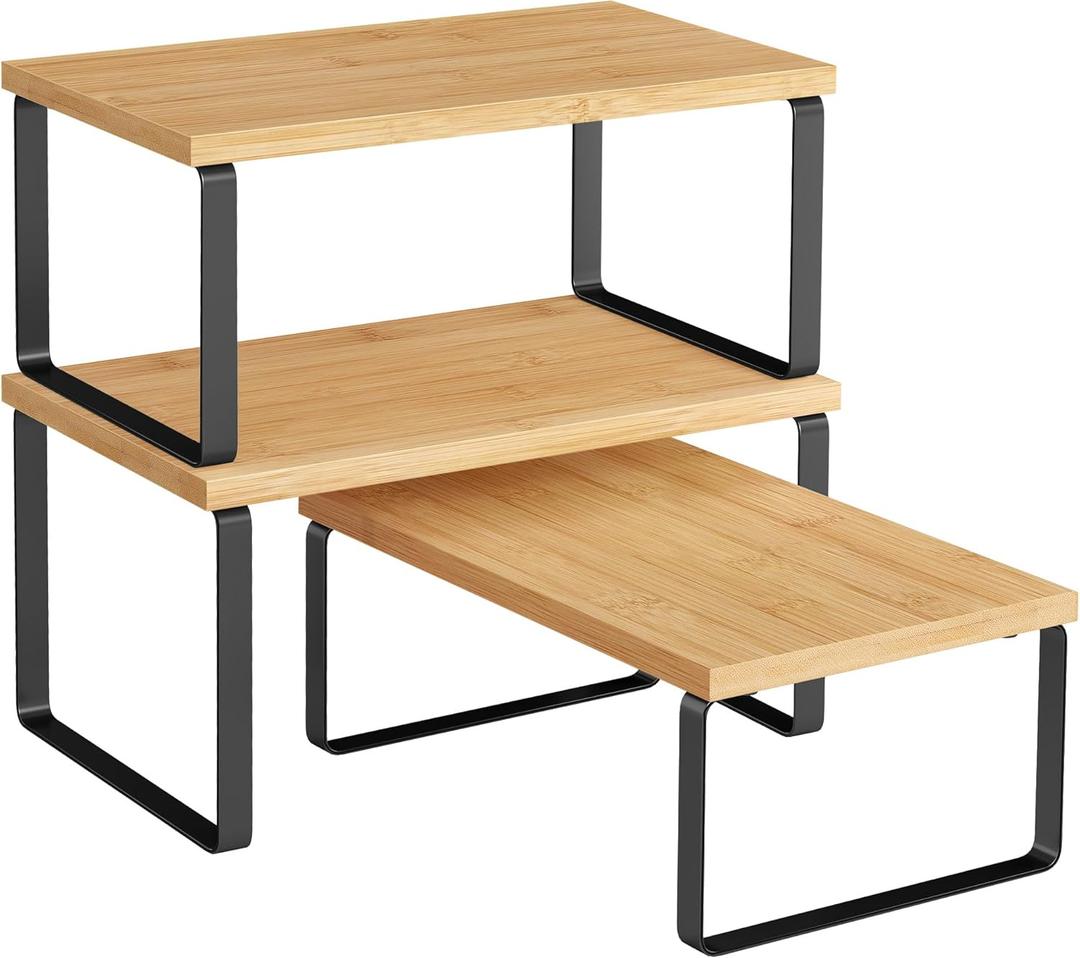 SONGMICS Cabinet Organizer Shelf, Set of 3 Kitchen Counter Shelves, Kitchen Storage, Spice Rack, Stackable, Expandable, Ink Black and Natural Beige UKCS014YL03 (7.7"D x 11.7"W x 6.2"H)