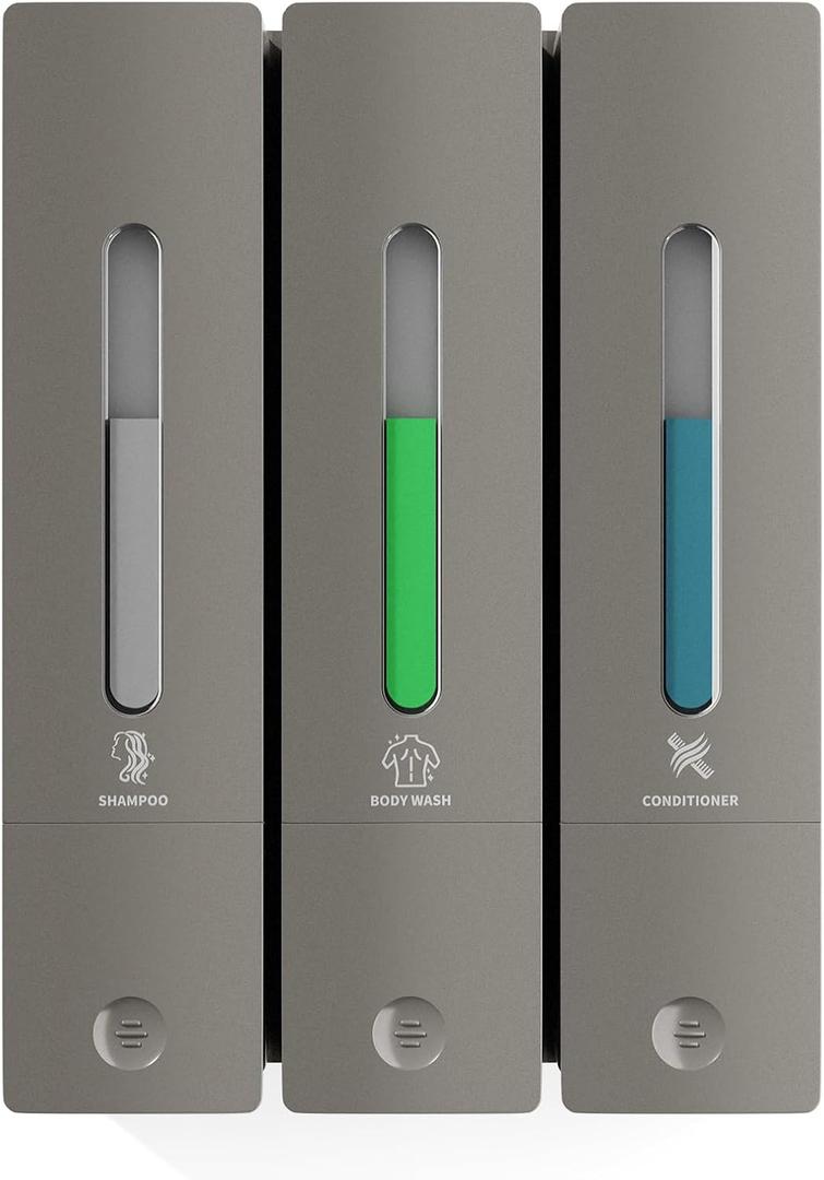 Shampoo and Conditioner Dispenser - Wall-Mounted 3-Chamber Shower Soap Dispenser, No-Drill, 1200ML Capacity, for Bathroom & Hotel (Gun Grey))