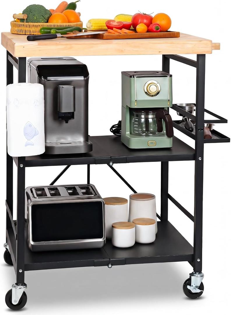PLKOW Foldable Kitchen Cart with Solild Oak Wood Top, Rolling Kitchen Island on Wheels, 3-Tier Storage Utility Cart for Microwave, Toaster Oven, Small Spaces