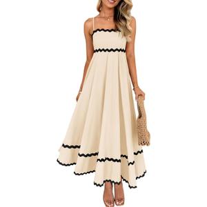 ZESICA Women's 2026 Summer Spaghetti Straps Sleeveless Backless Sundress Flowy Smocked Lace Swing A Line Midi Dress (Beige, S)