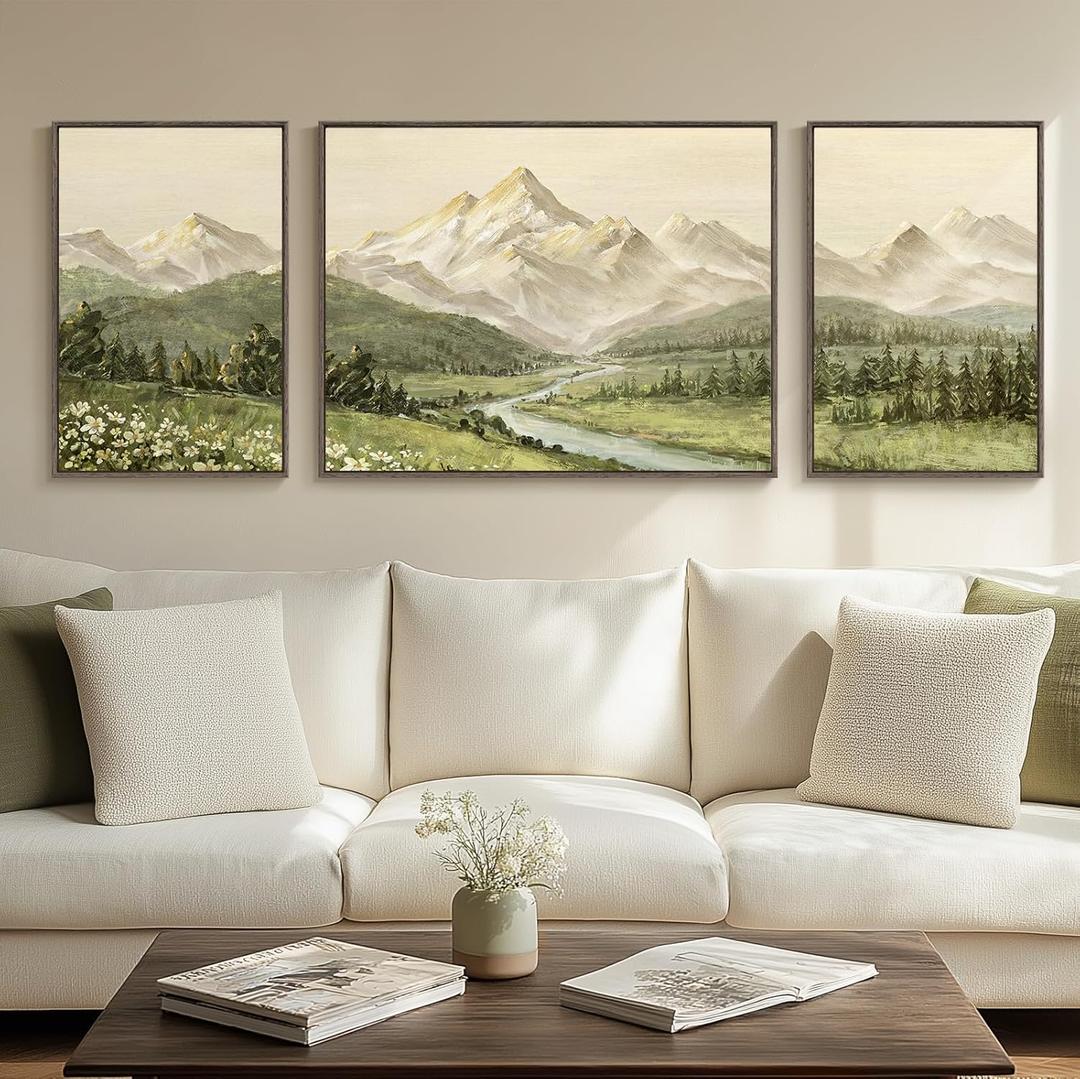 Large Framed Mountain Wall Art for Living Room, 3 Piece Modern Green Landscape Canvas Artworks, Forest River Nature Scenery Painting Prints for Bedroom Entryway Hallway Home Office Wall Decor