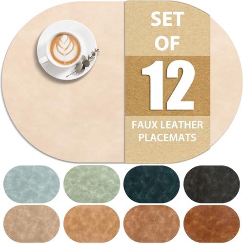 ADRIMER Placemats, Heat Resistant Oval Placemats Set of 12 Washable 12 x 17 Inch, Waterproof Table Mats, Wipeable Pu Place Mats for Kitchen, Dining Room, Beige