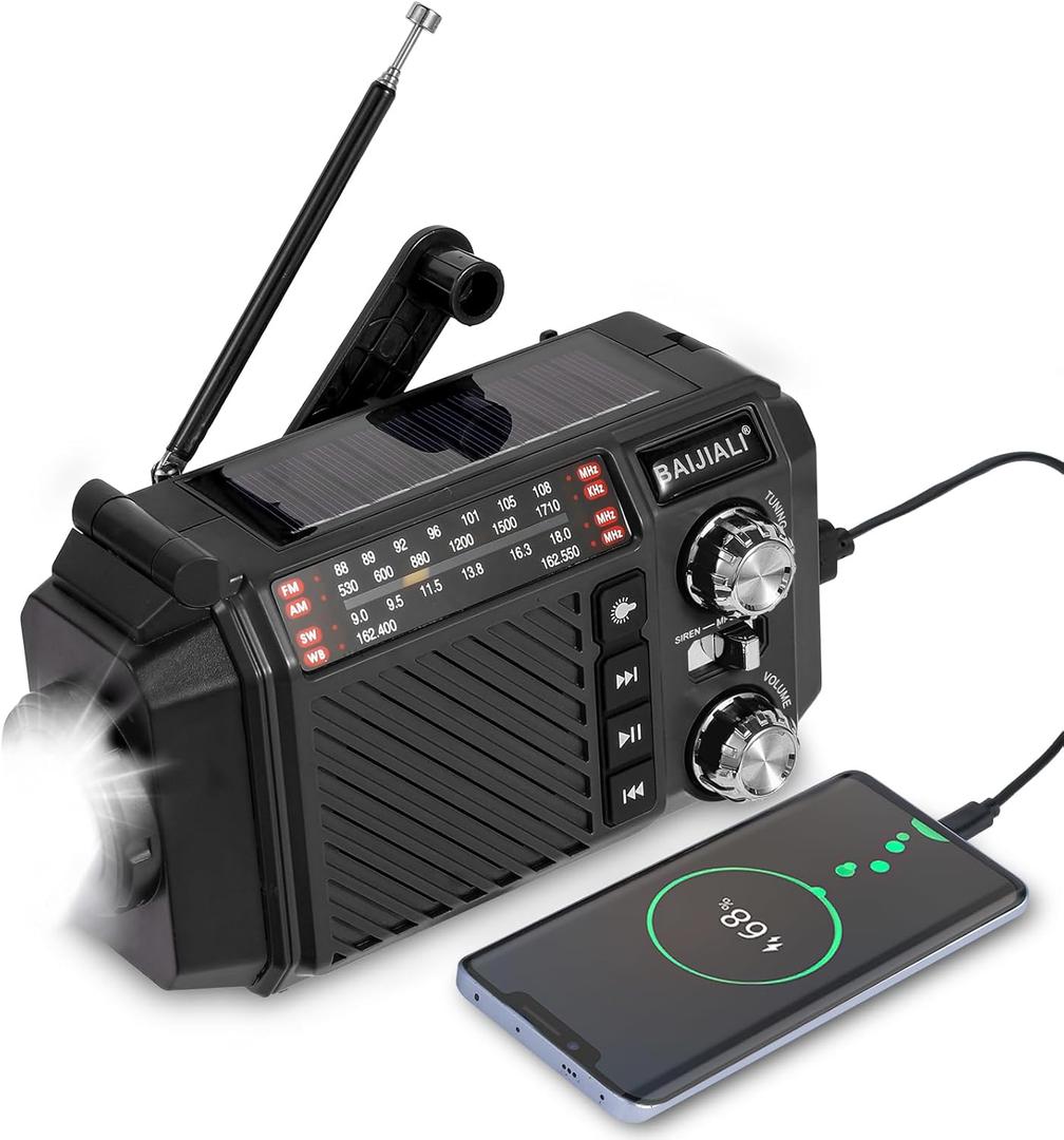 Hand Crank Emergency Weather Radio with 2600mAh/9620mWh Power Bank, NOAA AM FM Shortwave Portable Radio, Solar & USB-C Charging, Flashlight, SOS Alarm for Emergency Kits (Black)