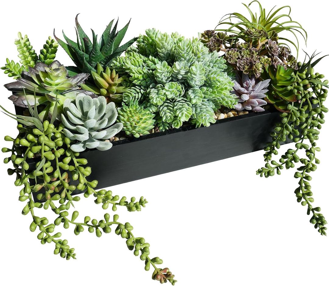 Winlyn 15" Artificial Succulent Arrangement Faux Succulents in Rustic Black Rectangular Wooden Planter Faux Potted Plants for Party Table Centerpiece Mantel Shelf Windowsill Tabletop Greenery Decor
