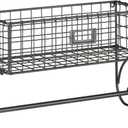 Metal Paper Towel Holder Wall Mount. Towel Bar with Basket Storage Organizer for Kitchen Bathroom, Gray, 14" W x 5.7" D