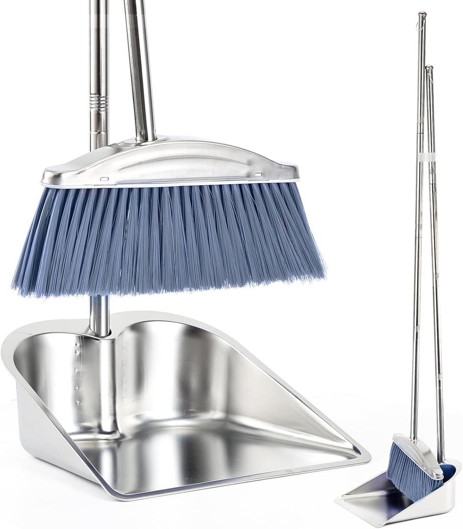 VOOWO Broom with Dustpan Combo Set, 46" Stainless Steel Broom and Dustpan Set for Home, Heavy Duty Dust Pan with Long Handle, Broom for Sweeping Indoor and Outdoor, Kitchen Broom and Dust Pan (Grey) (Gray) VOOWO Broom with Dustpan Combo Set, 46" Stainless Steel Broom and Dustpan Set for Home, Heavy Duty Dust Pan with Long Handle, Broom for Sweeping Indoor and Outdoor, Kitchen Broom and Dust Pan (Grey) (Gray)