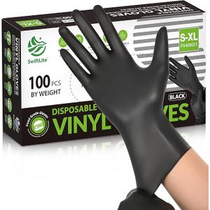 SWIFTLITE Black Vinyl Gloves, Food Grade Gloves Disposable Latex Free & Powder Free, Guantes for Cleaning Cooking Food Prep (100, XLarge)