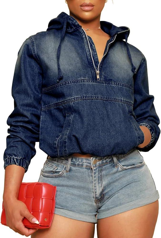PINSV Women's Half Zip Sweatshirt Denim Hoodie Pullover Jacket Jean Tops (Large, Dark Blue)