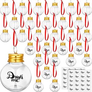Patelai 36 Pieces Christmas Drink Balls, Clear Plastic Fillable Xmas Ornaments Drink Bulbs, Xmas Tree Hanging Ornaments, Water Bottle with Stickers, DIY Hanging Pendant Ball for Party Decor (Gold)