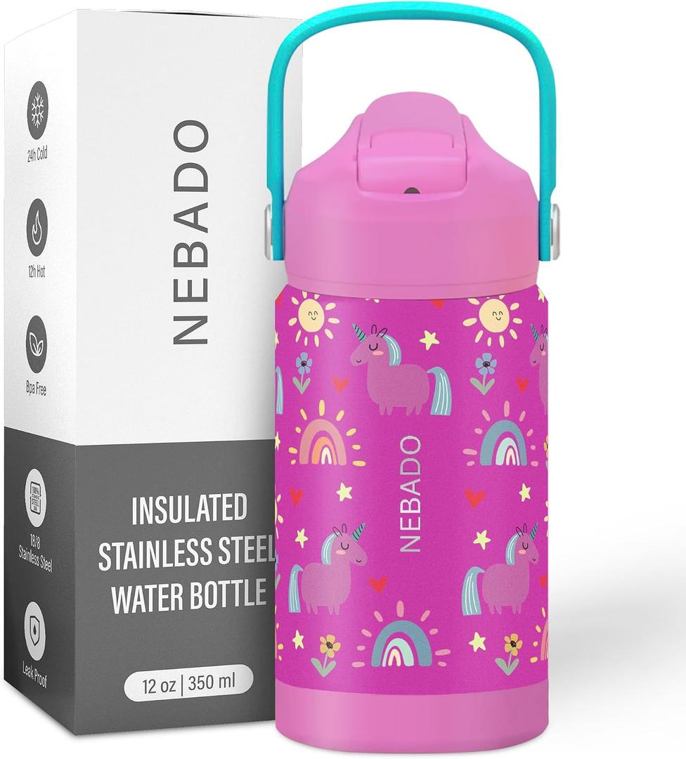Kids Stainless Steel Insulated Water Bottle with Straw 12oz - Leak Proof Toddler Insulated Cup for School, BPA Free with Handle & Non-Slip Silicone Base, Dishwasher Safe, Whimsical Pink