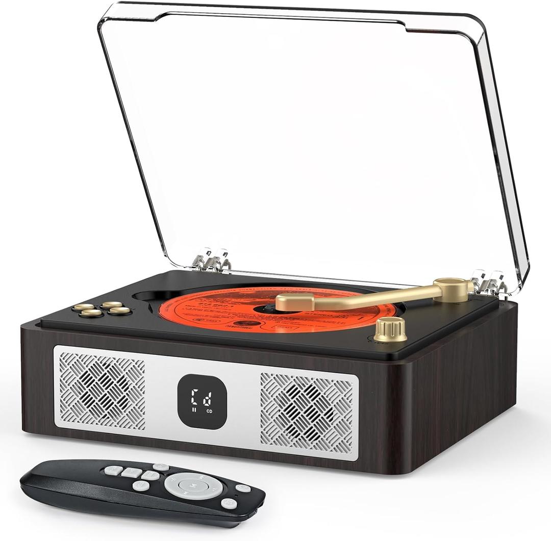 CD Player with Built-in Speakers Bluetooth Input&Output Portable CD Players for Home Music Nostalgic CDs Player with Remote Control Headphone Jack Walnut Brown with Display Screen