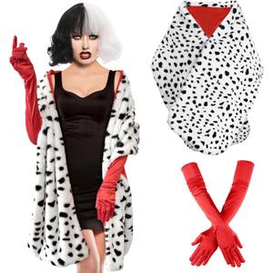 Apragaz 2 pcs Halloween Costume for Women, Dalmatian Shawl with 1920s Red Gloves for Halloween Cosplay Party (One Size)