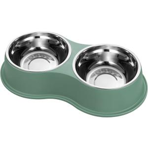 Dog Bowls Double Dog Water and Food Bowls Stainless Steel Bowls with Non-Slip Resin Station, Pet Feeder Bowls for Puppy Medium Dogs Cats (6.Green)